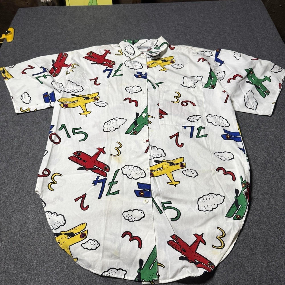VTG 90s Mirrors Airplane All Over Print Button Shirt Mens M Retro Indie Teacher